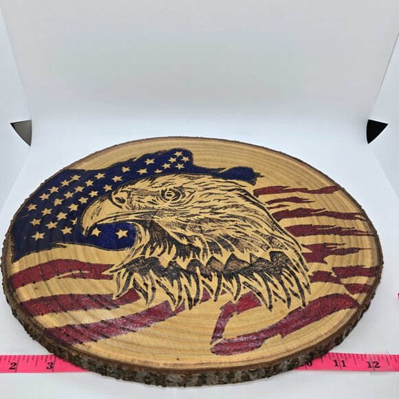 American Eagle wood burned colored art 18x11x.75 inch, oval, live edge - Picture 2 of 6